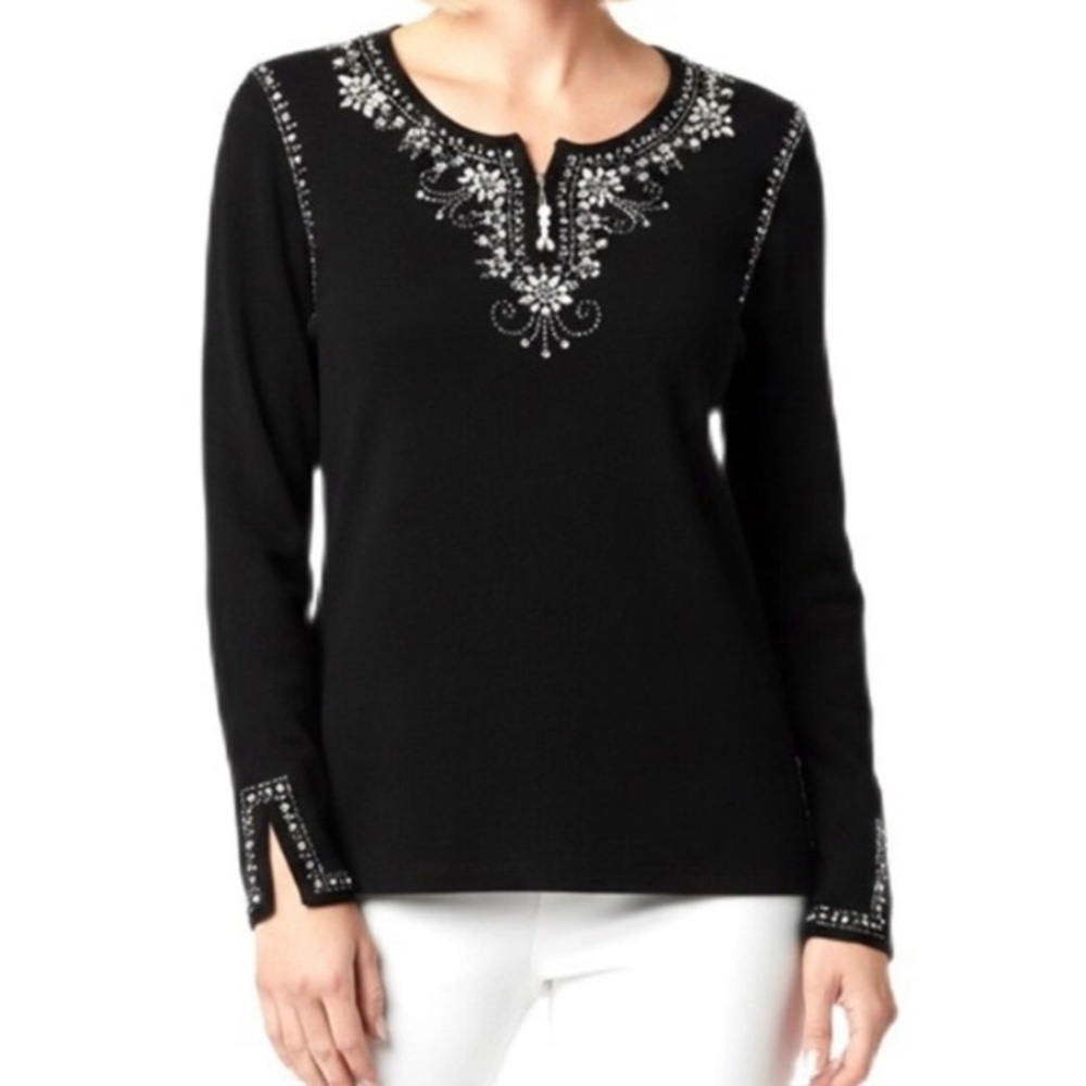 Quacker Factory Black Long-Sleeve Top with Silver Embellishment